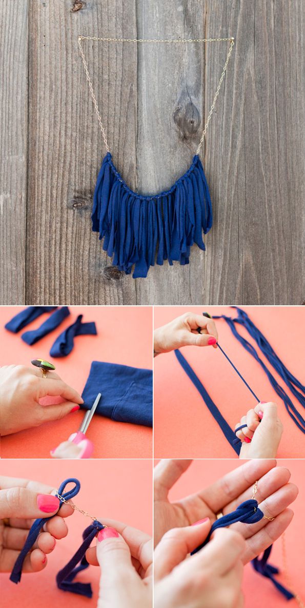 DIY: T shirt flirty fringe Necklace by Brit + Co via Maiko Nagao blog: 