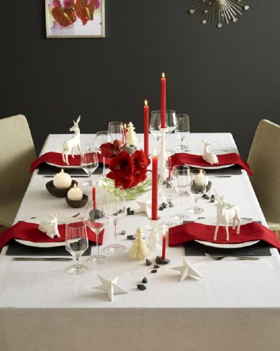 Décoration de table en rouge avec du blanc 